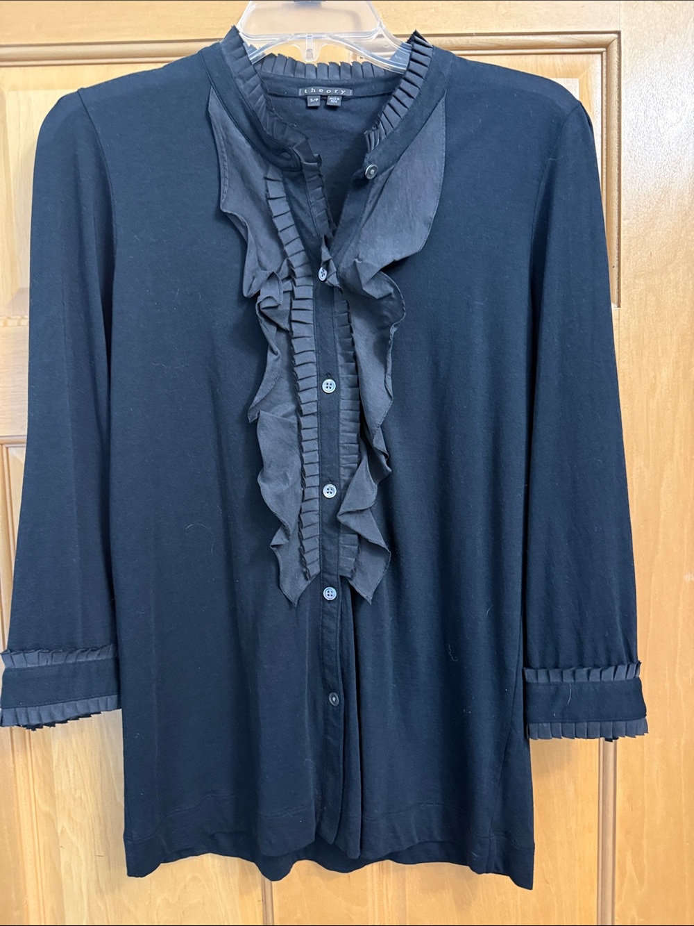 Theory Black Ruffled Front Blouse